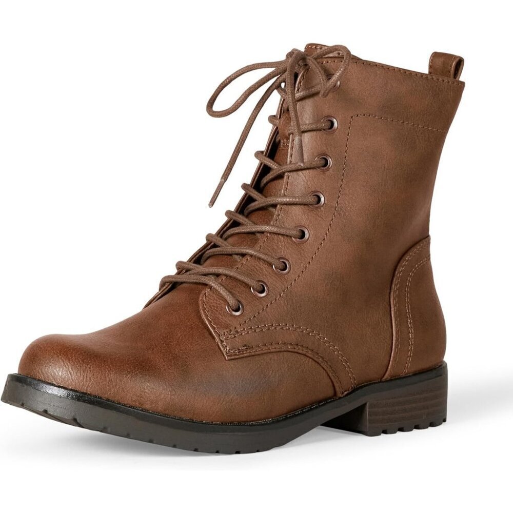 Amazon Essentials Women's Leather Cognac Lace-Up Combat Ankle Boots